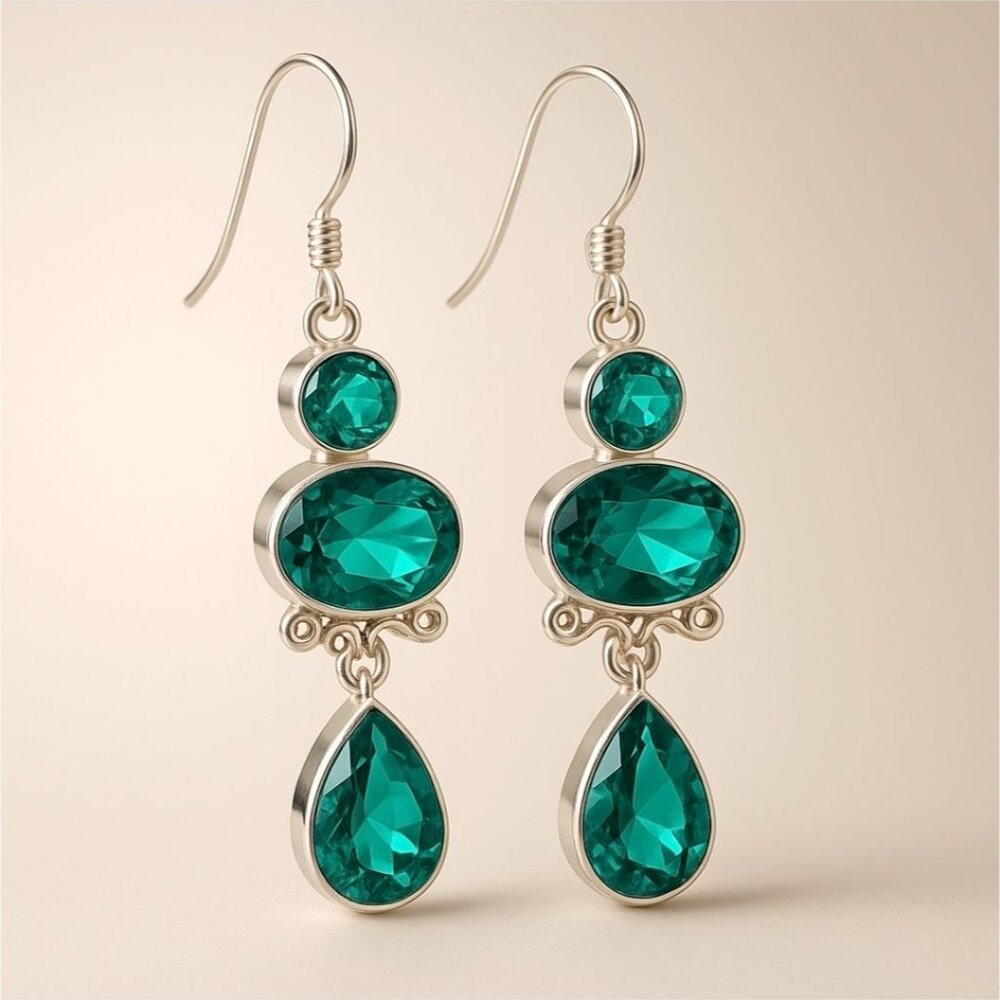Artisan ✦ Paraiba Tourmaline 3‑Stone Drop Earrings ✦ Sterling Silver Handmade - Picture 8 of 11
